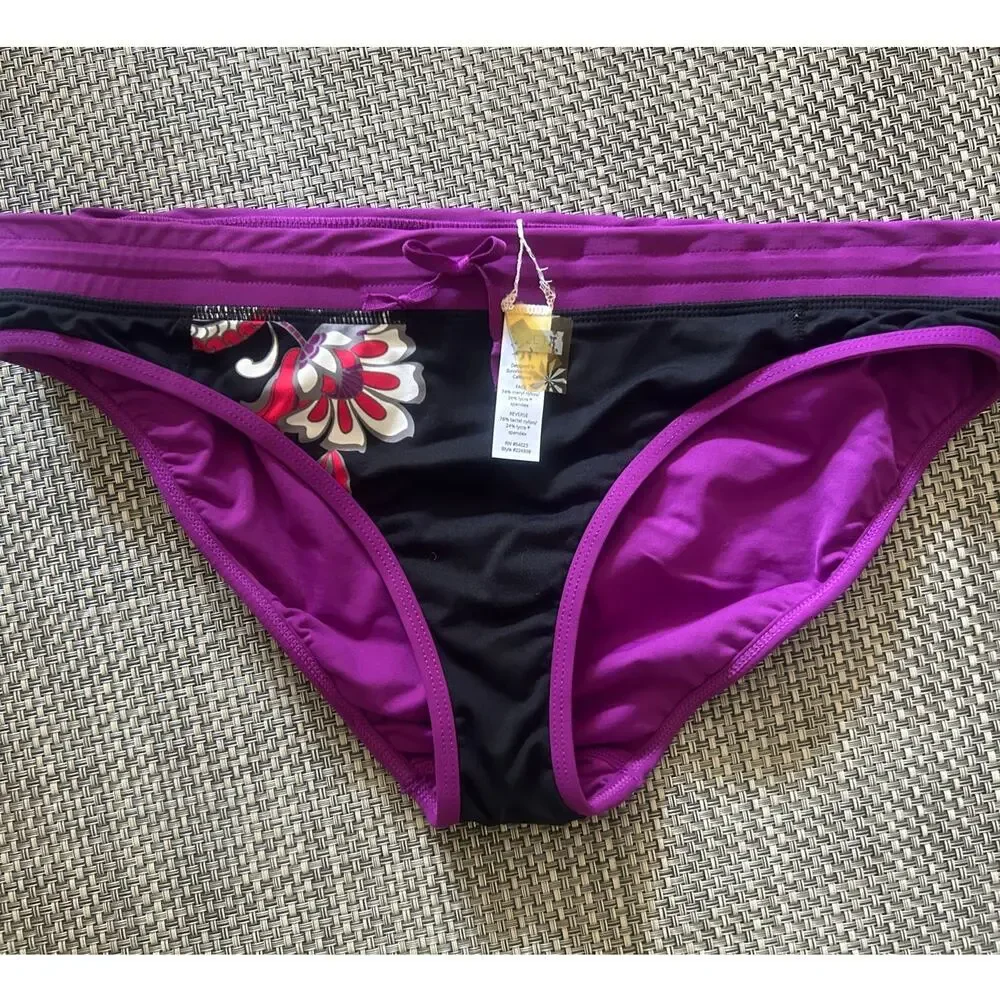 ATHLETA Hawaiian Hipster Bikini Botton Black Purple Hibiscus Tie Front L